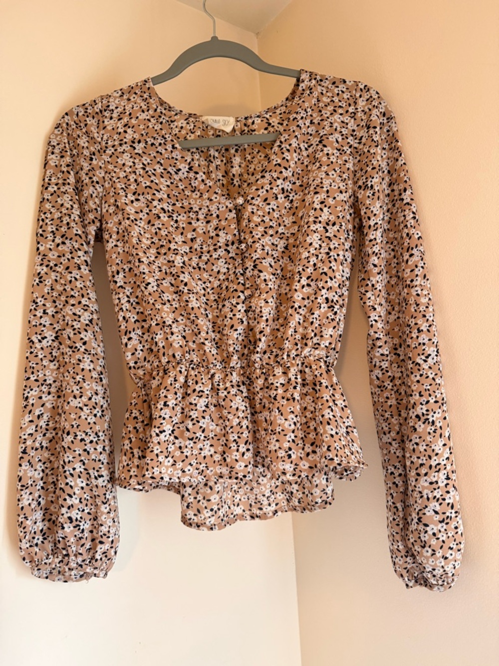 Sienna Sky Tan Floral Peplum Button-Front Blouse